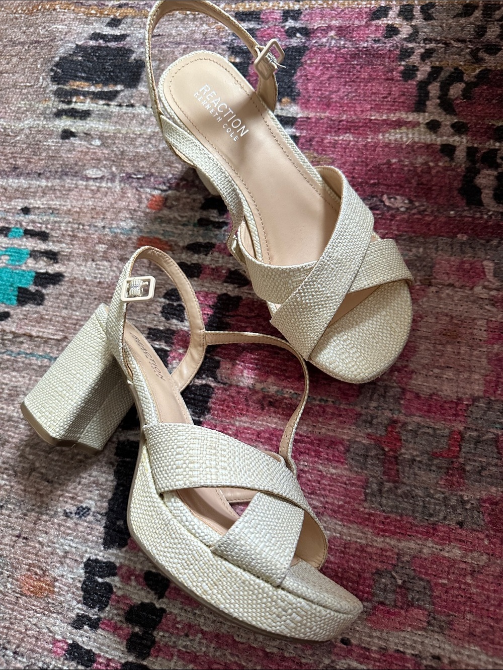 Kenneth Cole Reaction Ivory Woven Block Heel Sandals